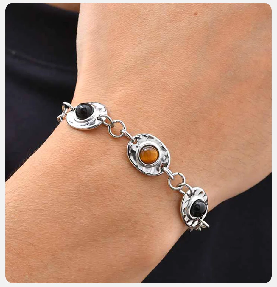 Vnox Natürliches Tigerauge-Obsidian-Armband, Edelstahl Verstellbare Kette Handgelenk-Schmuck Geschenk für Frauen Männer Tägliches Tragen – Detail 3