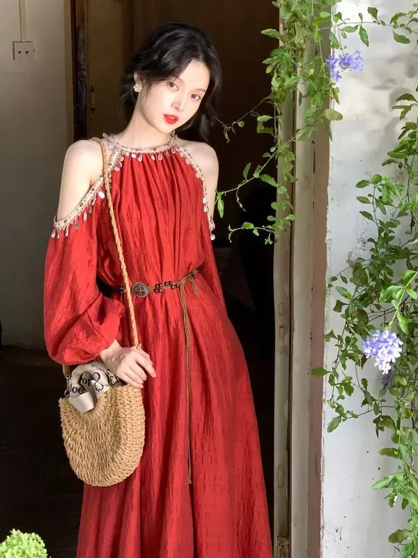 

Lace Red Dress Bohemian Vacation Style Tea Length Dress Lady Sexy Travel Women Elegant Lady Vintage Dress National Dress