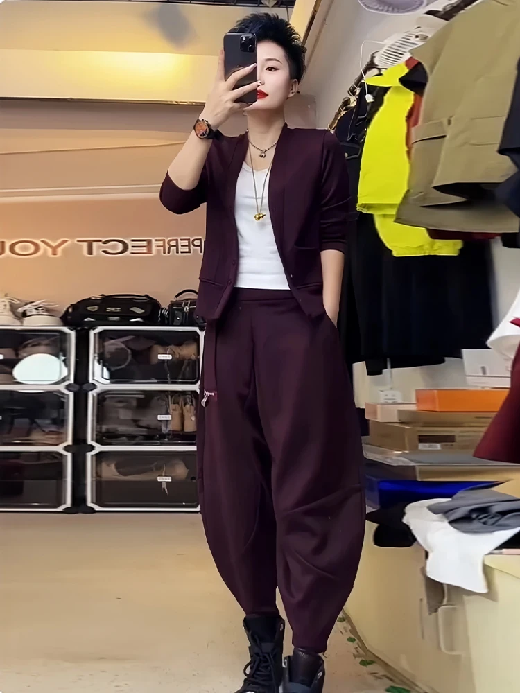 

Модный комплект из драпированных брюк с широкими штанинами для женщин: весенне-осенний новый повседневный комплект в стиле Lazy Chic, премиум-класса, свободного кроя