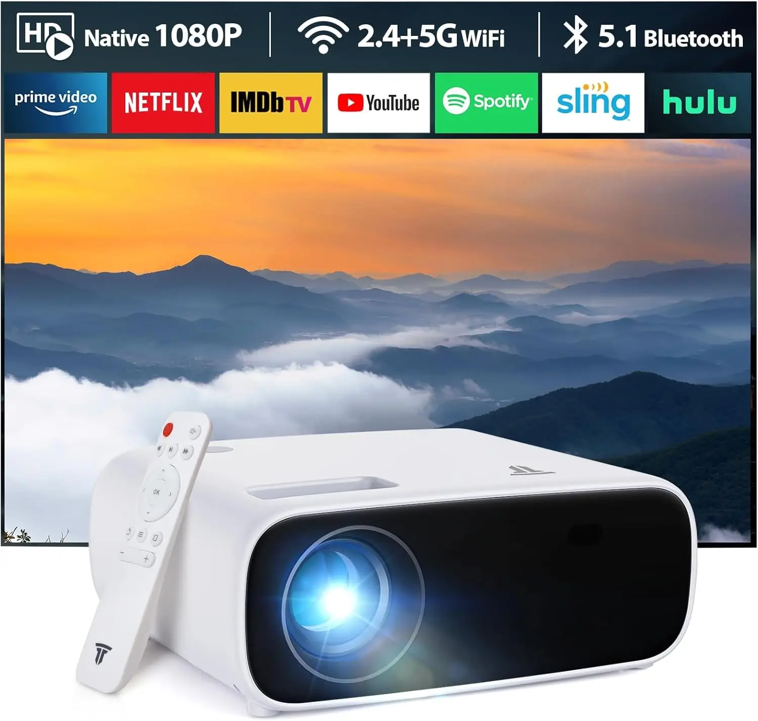 

Wielio 1080P Unterstützt,5G WiFi LED Heimkino Portable Projektor, Kompatibel mit iOS/Android/Laptop/HDMI/PC/TV-Stick