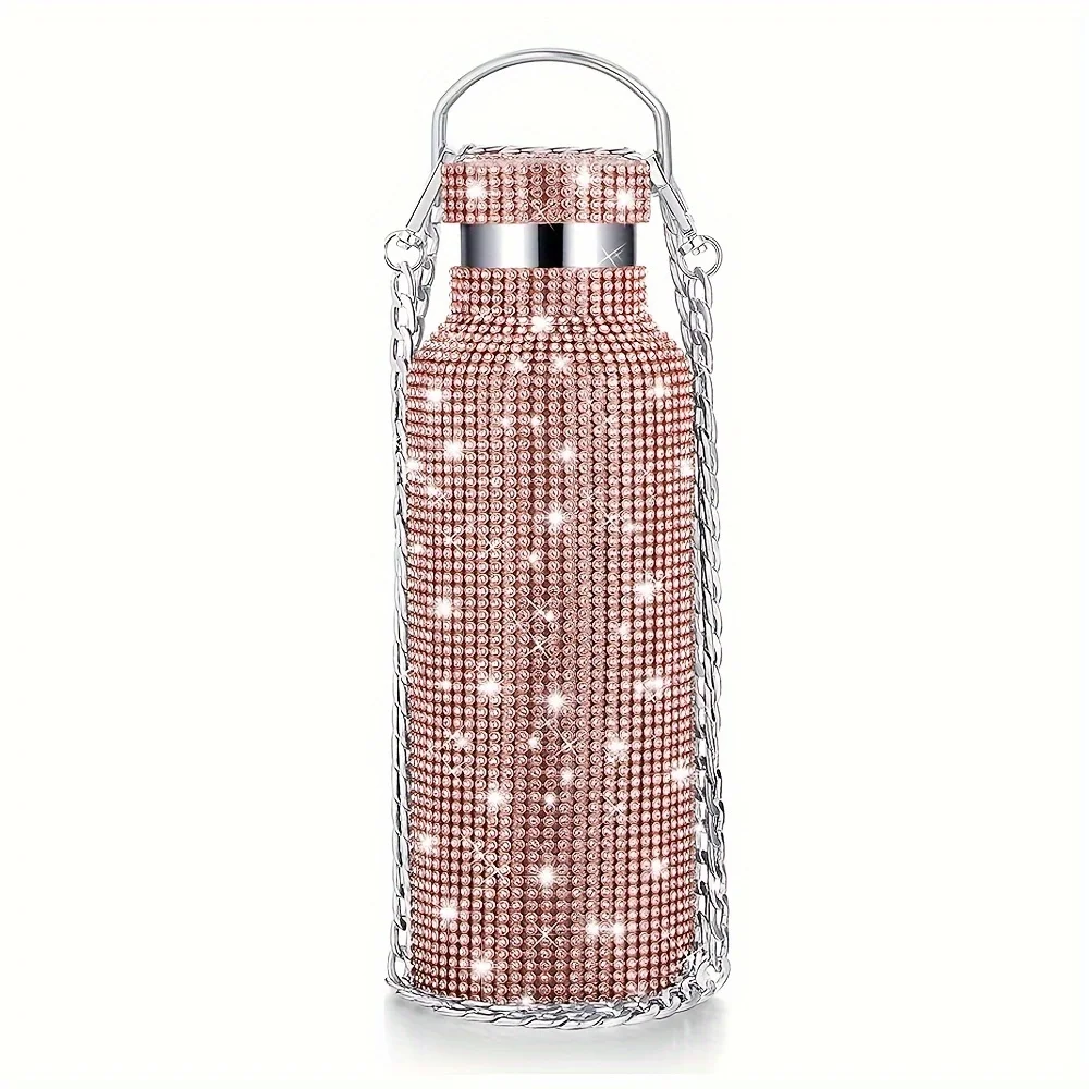 1 matraz de vacío aislado de 350 ml/500 ml/750 ml con diseño y cadena con tachuelas, taza de viaje de oro rosa brillante para bebidas frías y calientes