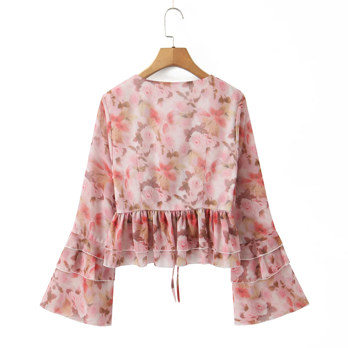 花柄シックなクロップドトップブラウスシャツ女性夏春シフォンフレアスリーブタイアップ V ネックセクシーなカジュアル職業レディースシャツ