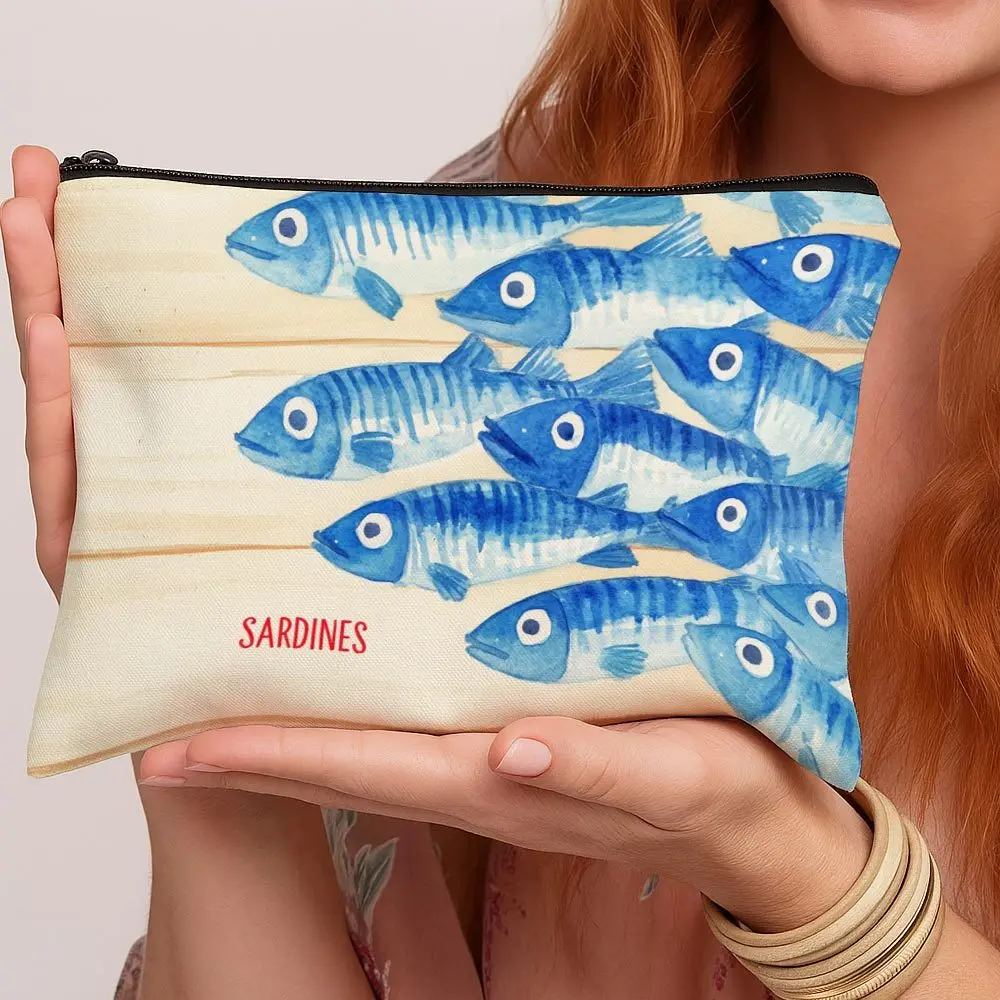 Retro Nautical Sardine Fish Sea Theme Travel Toiletry Organizer Blue Zippered Cosmetic Case Multi Functional Fashion Wash Bag