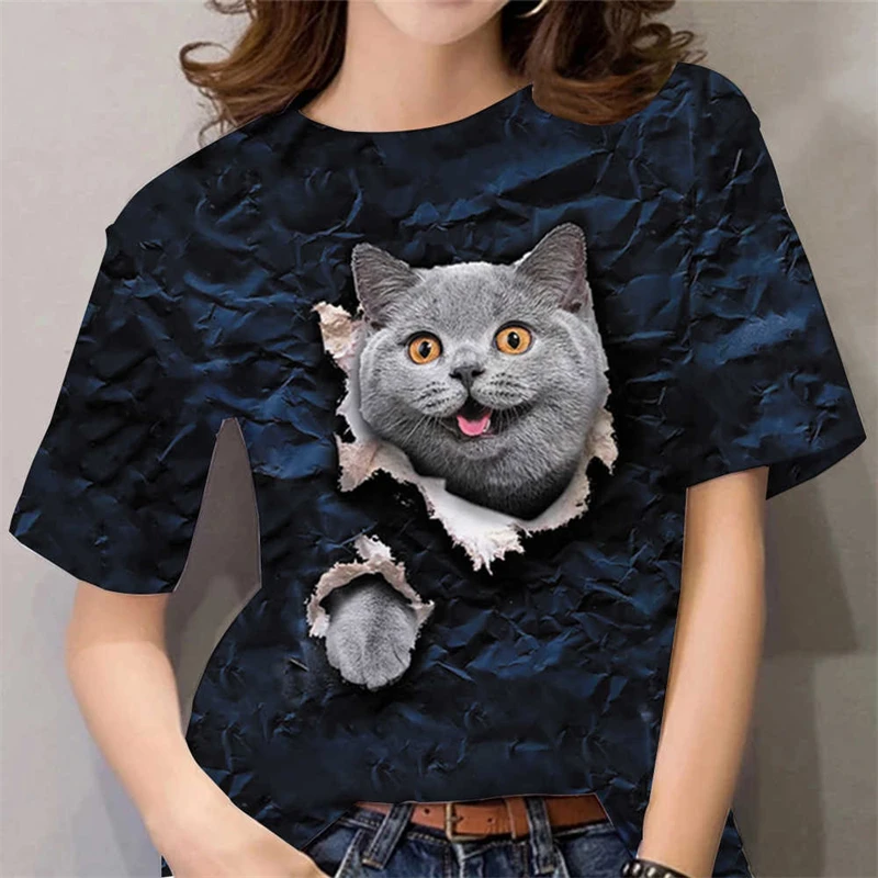 Women's Casual Fashion Y2k Tops Summer 3D Cute Animal Cat Print Short Sleeve Tees O-neck Funny Tops Female Tshirt Kawaii Clothes