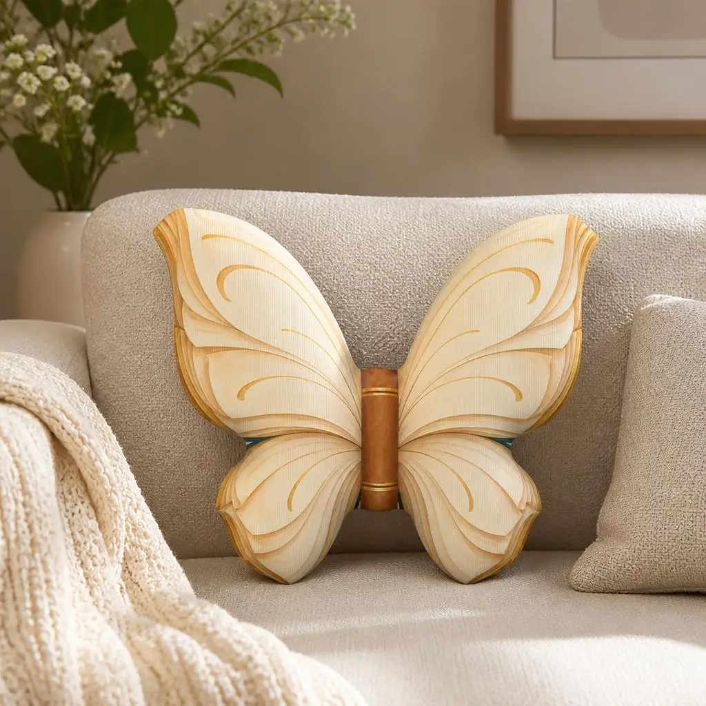 Book Page Butterfly Throw Pillow Shaped Stuffed Cushion for Reading Lovers Bookworm Gift Literary Home Decor Sofa Accent