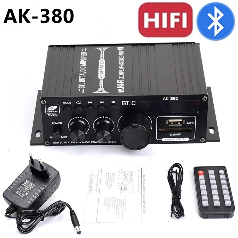 AK380 Mini Audio Power Amplifier Stereo Sound Bluetooth 5.0 Amplifiers 2.0 CH HiFi Amp Receiver BASS Speaker with FM Antenna