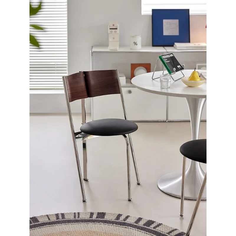 

Retro solid wood dining chair stainless steel designer home light luxury high-end Internet celebrity backrest stool