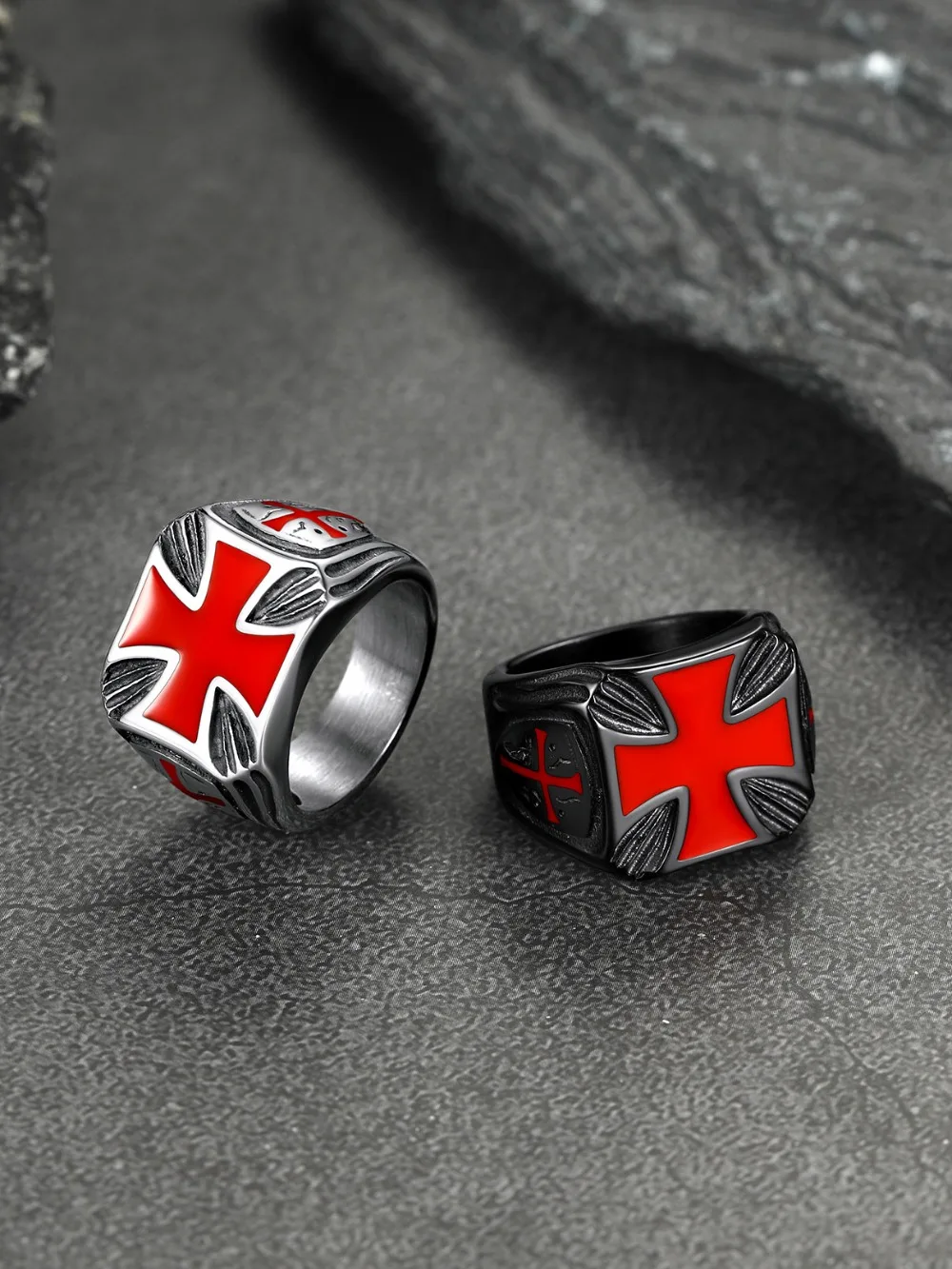 U7 Stainless Steel Square Knight Templar Rings Black Red Glaze Cross The Temple of Solomo Signet Ring Vintage Style Jewelry Gift