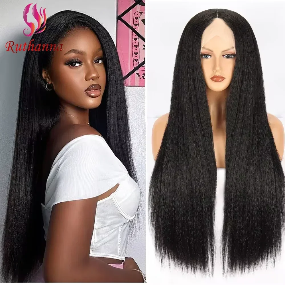 Fashion Yaki Straight Lace Front Wigs 13x1 T Part Synthetic Wig For Women Middle Part Black Transparent Lace Wig Daily Use