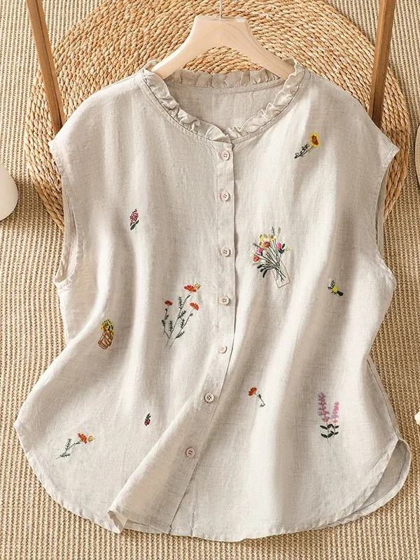 

Artistic Ageless Embroidered Cotton Linen Sleeveless Shirt Women Summer Thin Breathable Mushroom Collar Slimming Cute Top