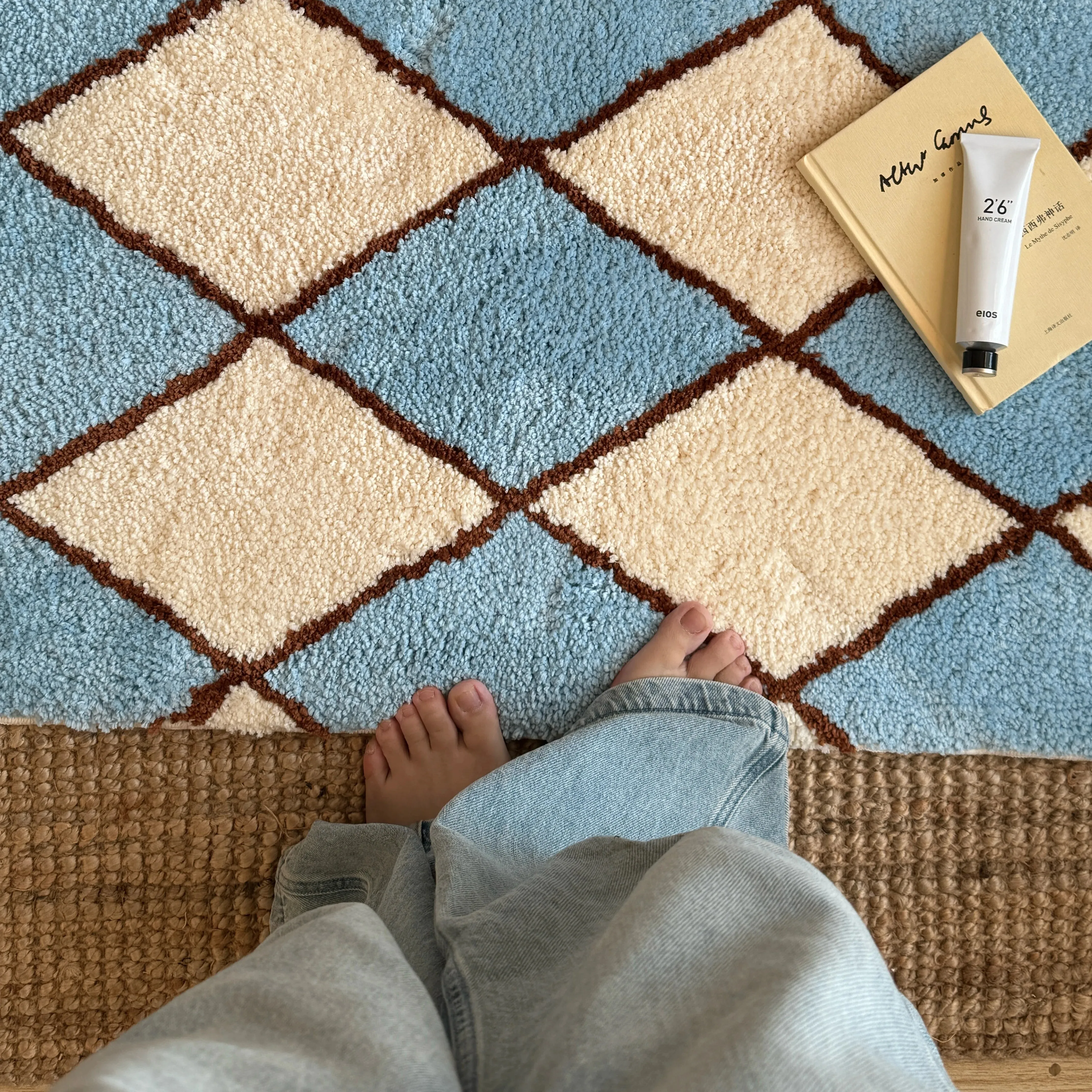 Summer Sea Salt Plaid Flocking Carpet Blue Mat Anti Slip Water Absorbent Door Mat High End Feeling Home Decor Rug