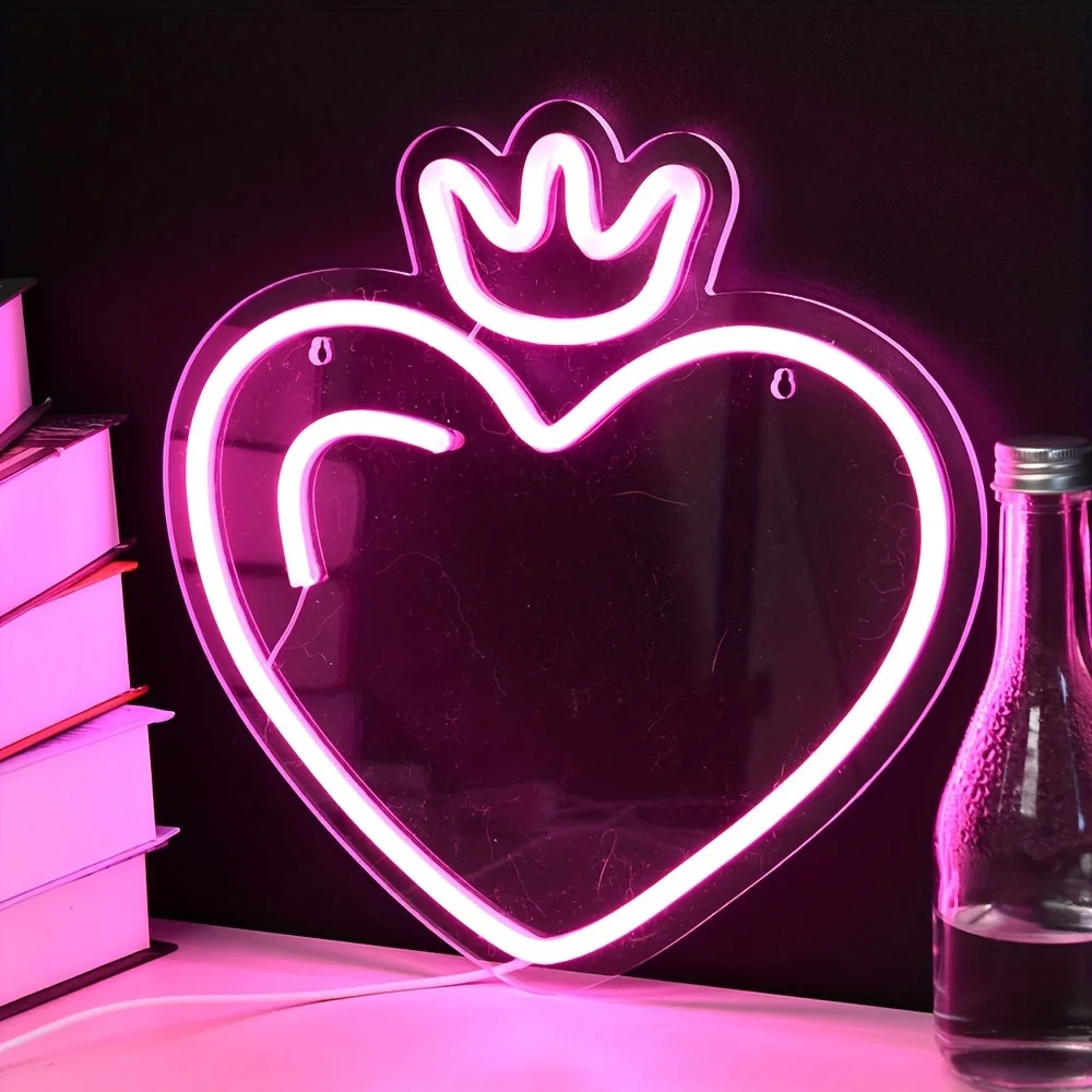 LED Heart Crown Neon Sign, Pink & Red Light Options, Durable Plastic Indoor/Outdoor Sign for Bedroom, Living Room, Game Room