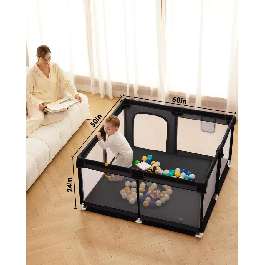 Baby Playpen with Non Removable Mat, Extra Large Play Yard for Babies & Toddlers, Portable Travel Playpen (Black 50"×50")