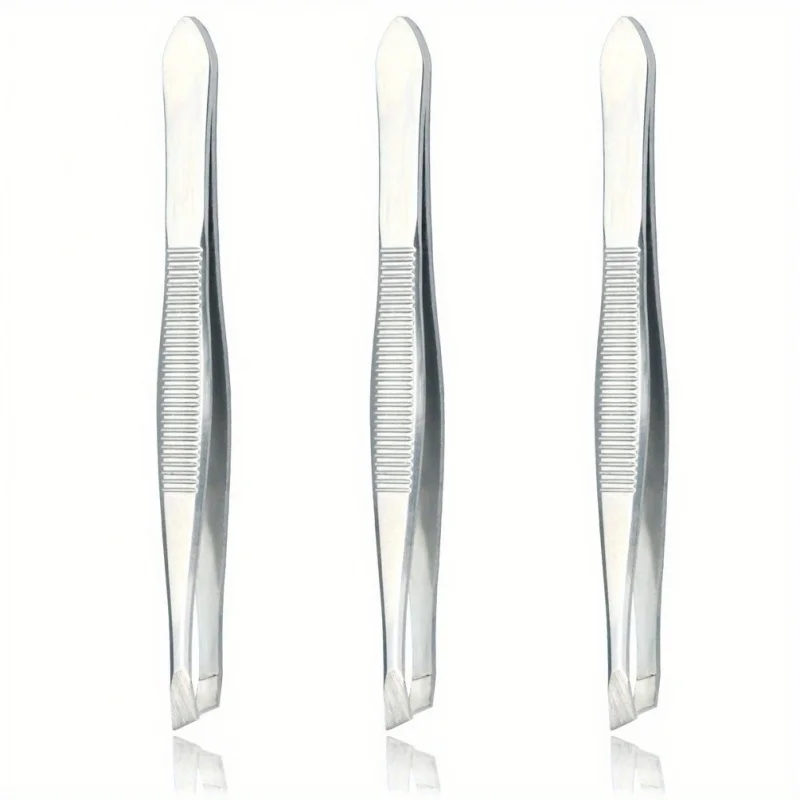 3 pcs Slant Tweezers - Precision Stainless Steel Slant Tip Tweezers Plucker for Hair and Eyebrows Personal Care (Silvery Tone)