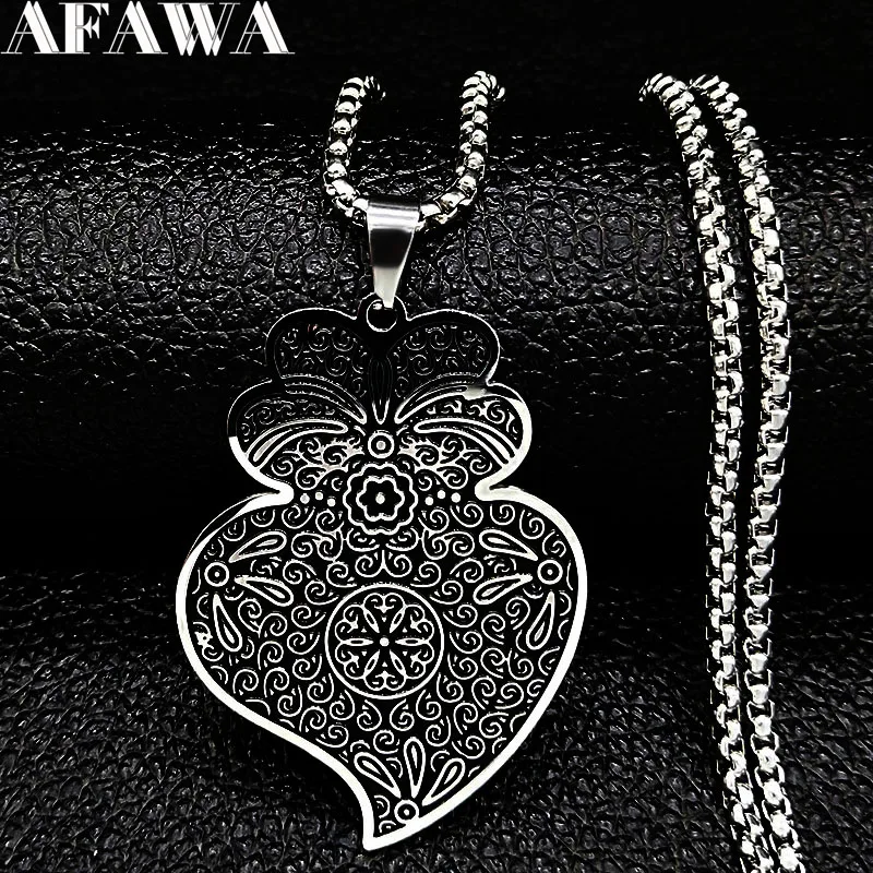 Portugal Folk Viana Heart Flower Pendant Necklace for Women Men Stainless Steel Silver Color Chain Jewelry coração de viana QKC