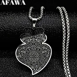 Portugal Folk Viana Heart Flower Pendant Necklace for Women Men Stainless Steel Silver Color Chain Jewelry coração de viana QKC