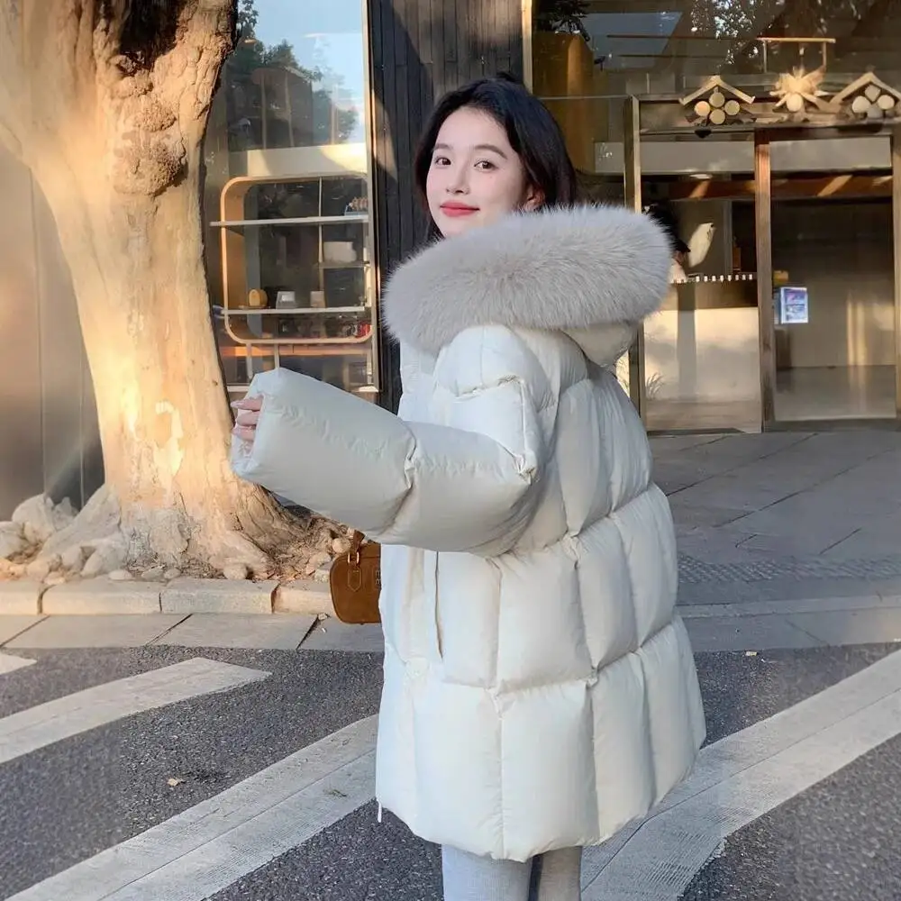 Engrossado com capuz para baixo jaqueta feminina moda meados de comprimento casaco pena de pato branco novo 2026 na moda tamanho pequeno