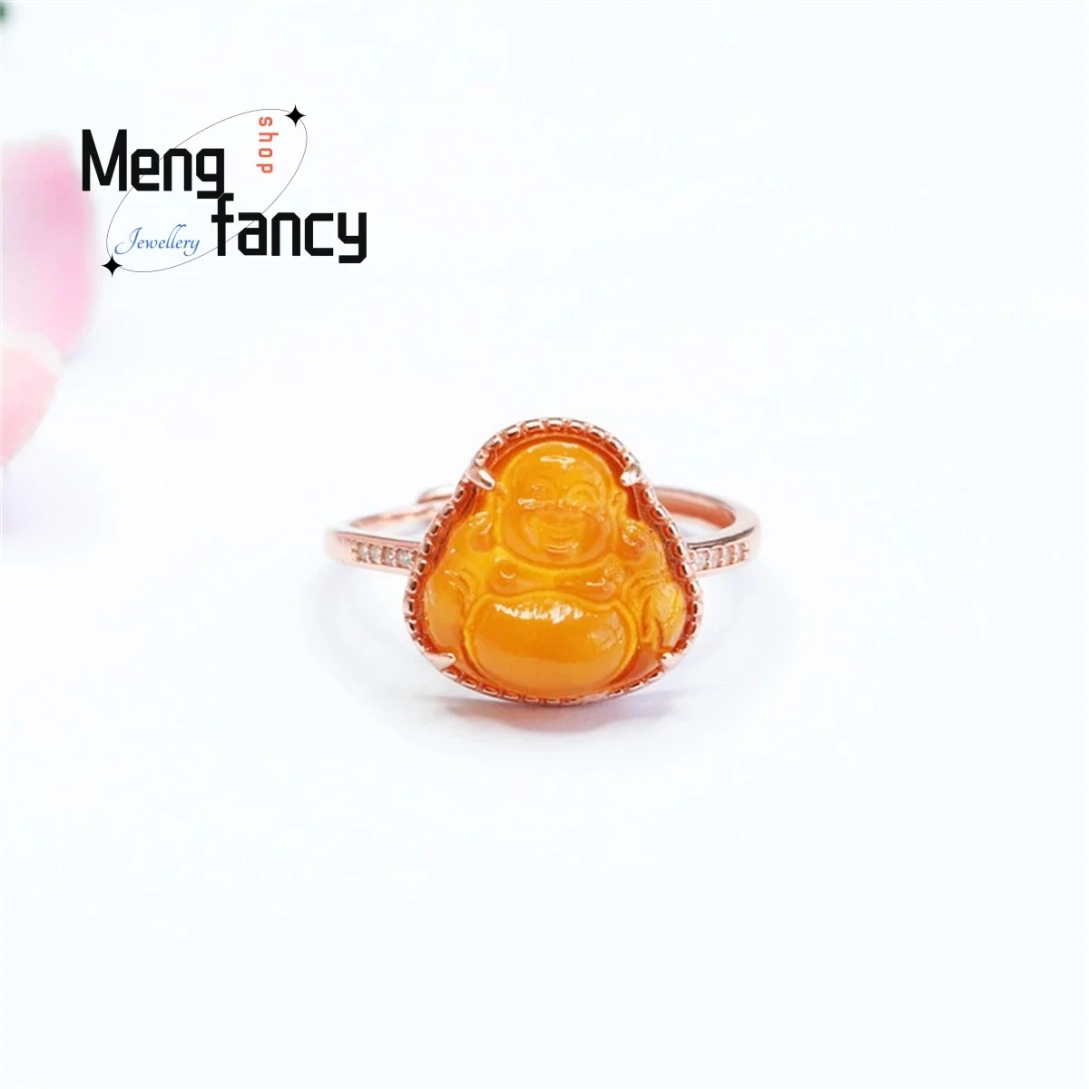 

Natural S925 Silver Lnlaid Honey Wax Amber Buddha Maitreya Ring Simple Generous Personality Fine Fashion Couple Women Jewelry