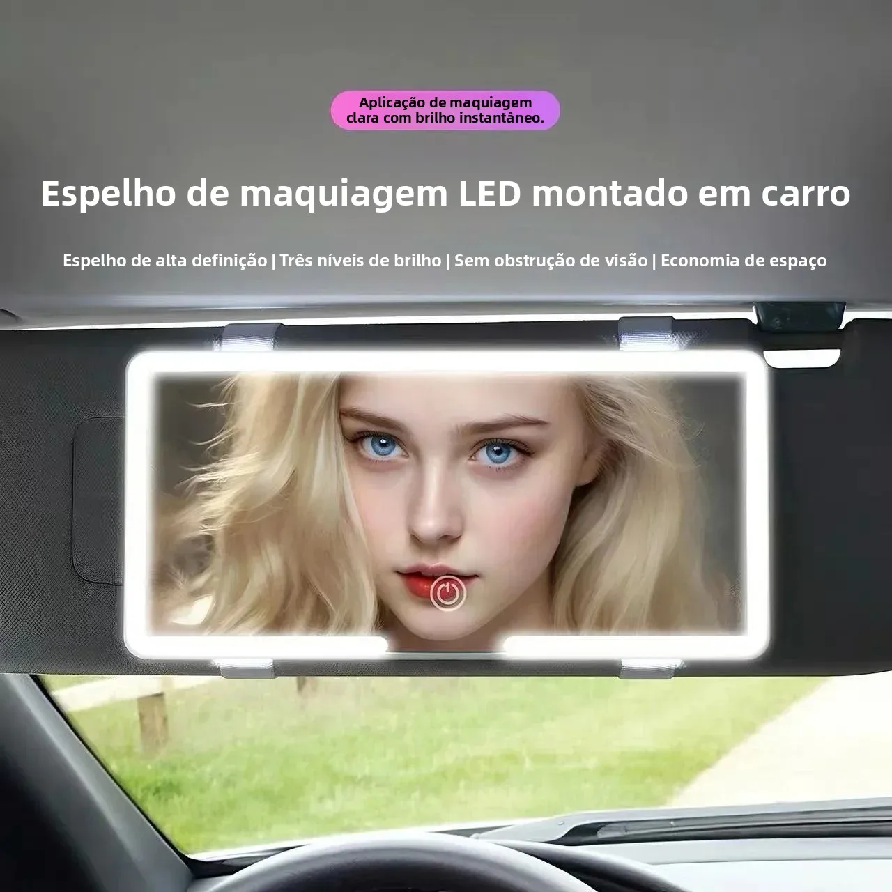 Espelho de Maquiagem LED para Visor de Carro Universal com Controle Touch, Luz Regulável, Recarregável via USB, Acessório Cosmético HD