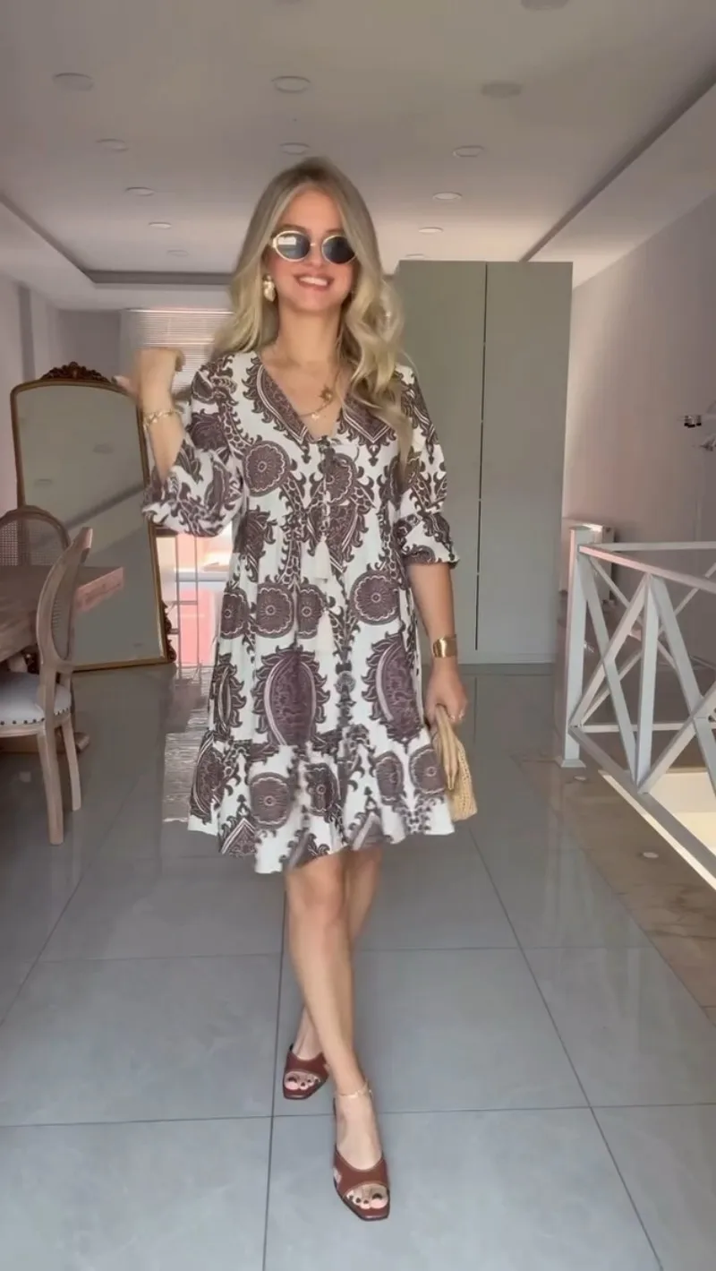 Abito estivo con stampa scollo a V profondo Moda donna Boho Abiti stile nazionale Abito estivo da spiaggia allentato casual