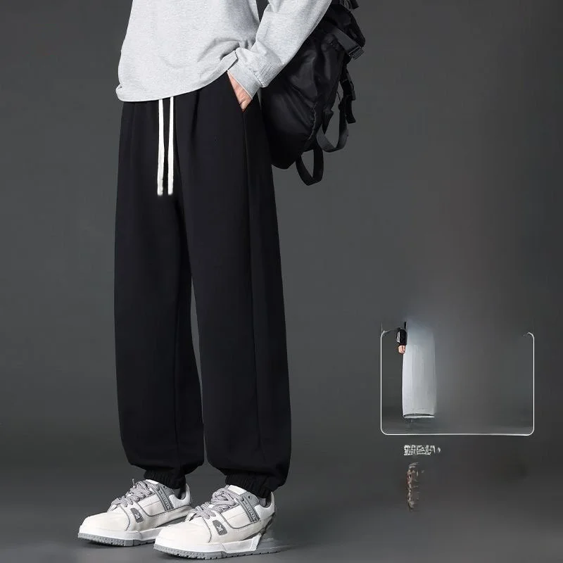 

Мужские спортивные брюки с эластичной талией и флисовой подкладкой, повседневные облегающие брюки для осени и зимы, корейские свободные прямые брюки