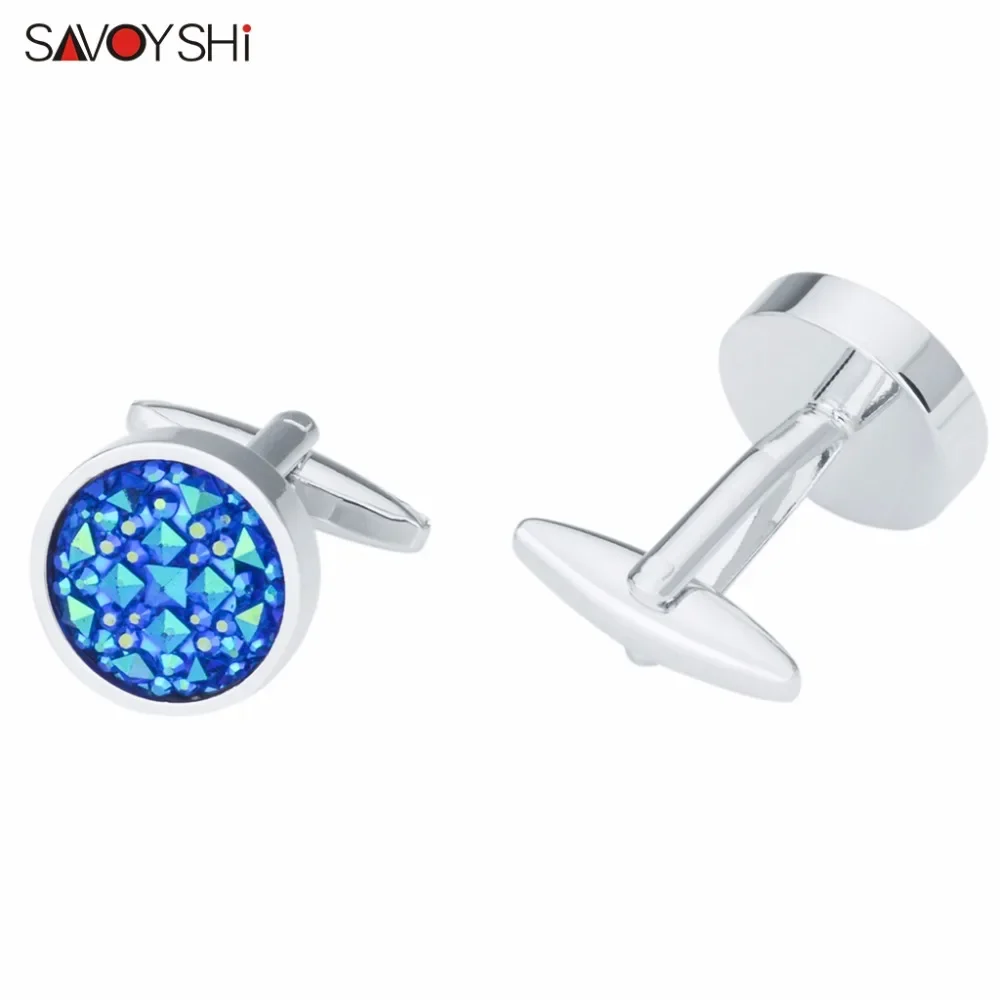 SAVOYSHI Round Blue Crystal Cufflinks For Mens Shirt Accessories High Quality Fashion Brand Cuff Buttons Wedding Gift Jewelry