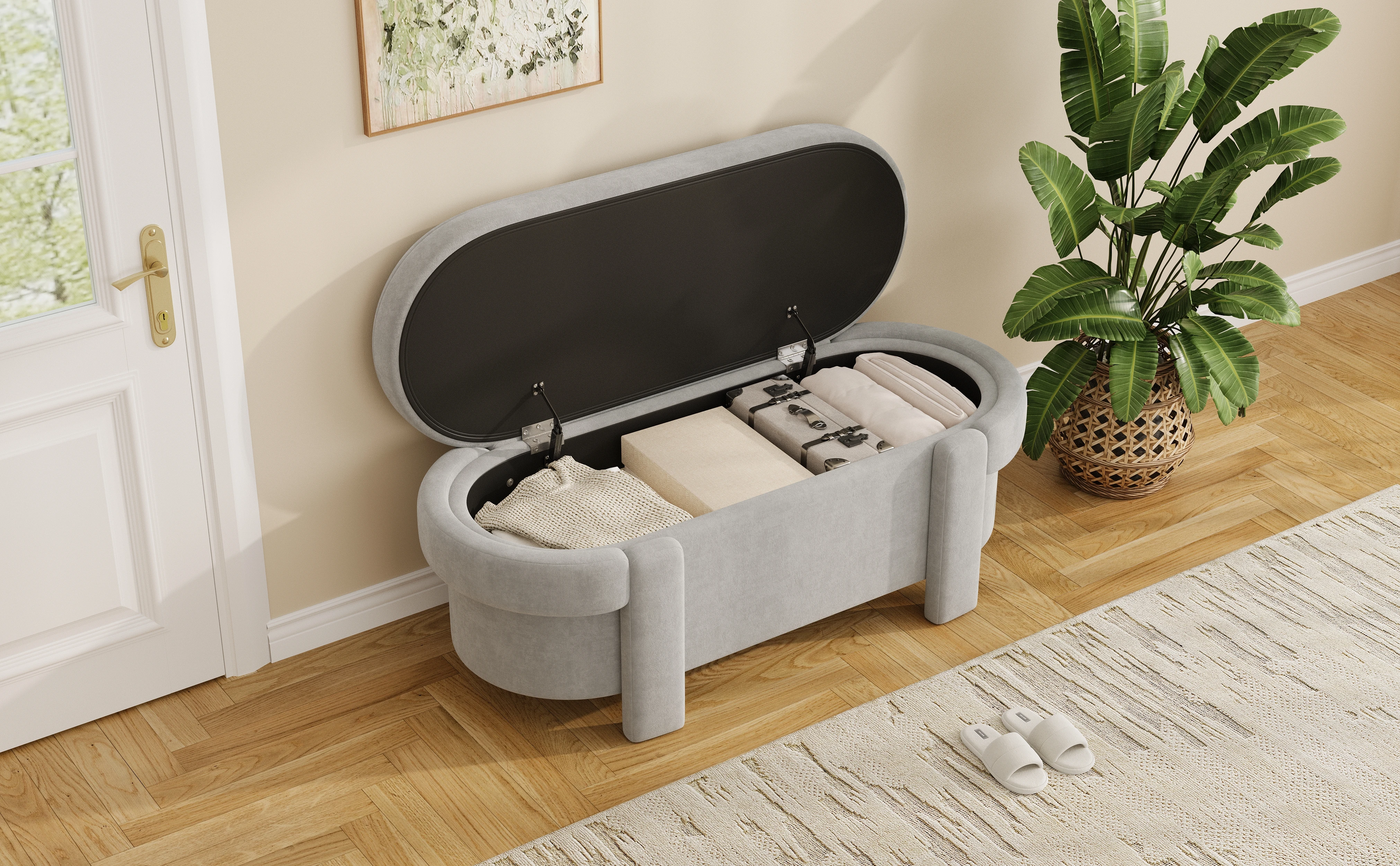 PINGGO Graue Gepolsterte Aufbewahrungsbank mit Deckel 121,5x49x44,5cm Fleece-Sitzbox für Wohnzimmer Schlafzimmer – Detail 2