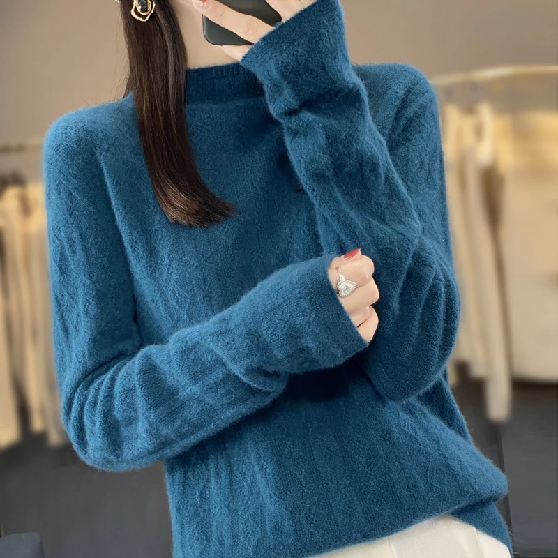 2024 Fall/Winter New Women's Half Turtleneck Sweater 100% Merino Wool Jacquard Jumper Beautiful Diamond Shaped Sweater For Women