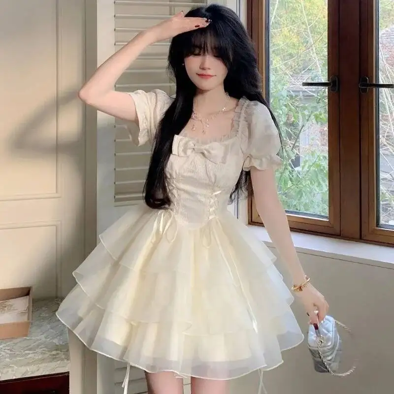 

Sweet Princess Style Bow Women Puff Sleeve High Waist Square Collar Elegant Lace Up Dresses Woman