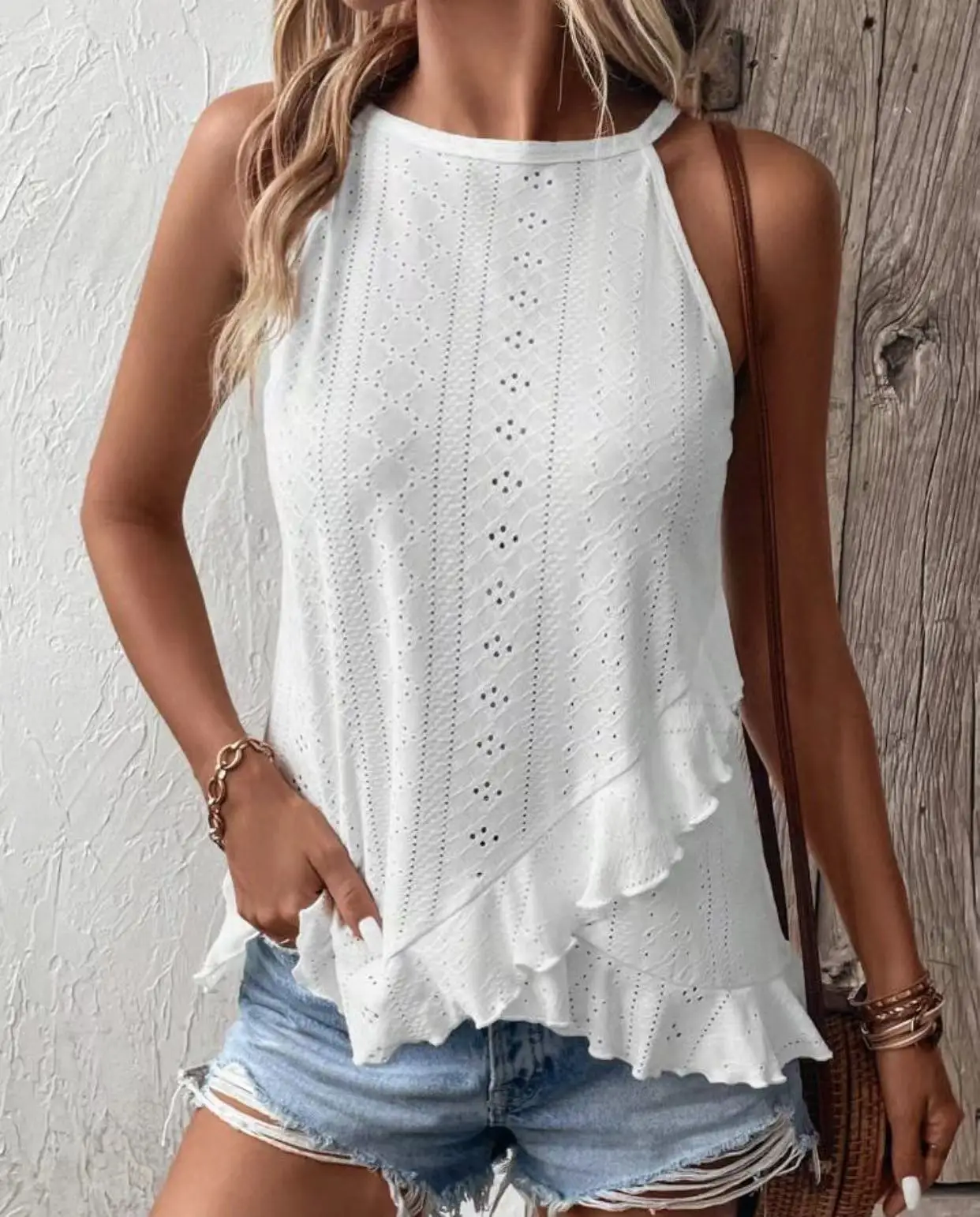 Women\'s  Plain Eyelet Embroidery Ruffle Hem Wrap Tank Top Casual Round Nech Sleeveless Top For Summer Ladies Clothes For Daily