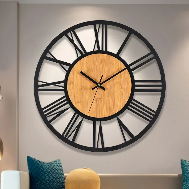 3D Large Wall Clocks Nordic Roman Numerals Retro Round Wood Metal Iron Accurate Silent Hanging Ornament Living Room Decoration