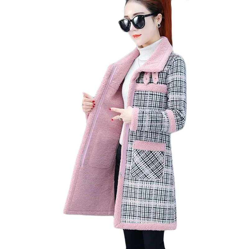 

Tops Jacket Winter Lamb Wool Woolen Coat Thick Plus Velvet Warm Cotton Coat Women Long Grid Parker Plus Size Cold Trench Coats