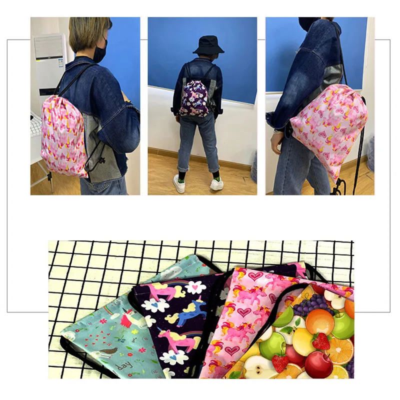 Kawaii Graffiti Bear Print Drawstring Bag Men Fashion Storage Bags Teenager Boys Girls Hip Hop Backpack Travel Bookbag Gift