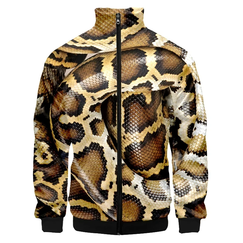 3D Print Snake Skin Pattern Jacket Coat Long Sleeve Stand Collar Zipper Jacket Clothes For Men Large Size Casual Coats