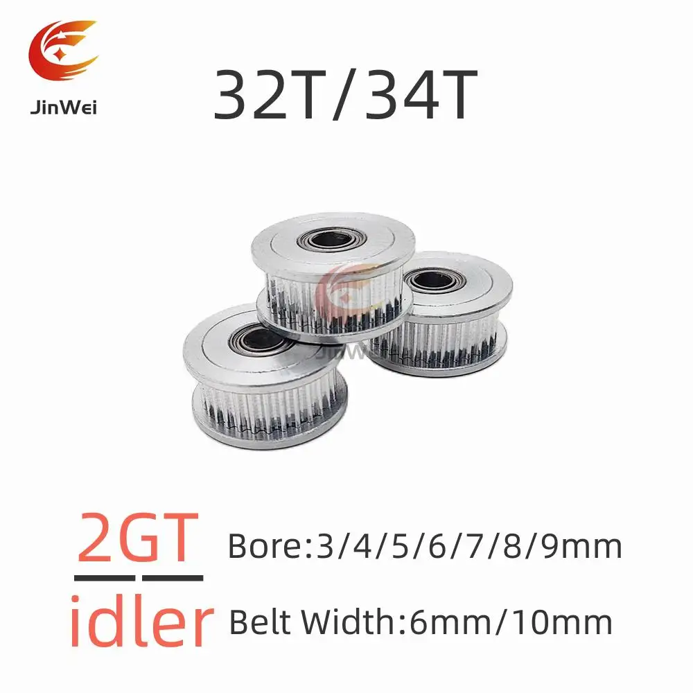 GT2 2GT 32T/34T Teeth Synchronous Timing Idler Pulley Bore 3/4/5/6/7/8/9mm With Bearing For 6/10mmBelt 3D Printer Accessories