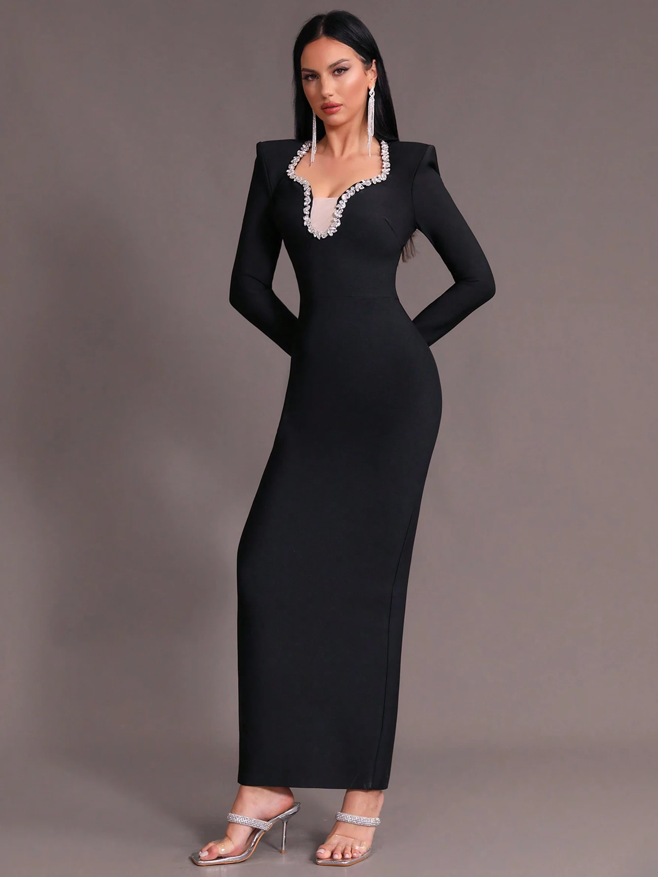 High Quality Women\'S Sexy Long Sleeved V-Neck Mesh Crystal Diamond Bandage Maxi Dress Elegant Evening Party Dress Vestidos