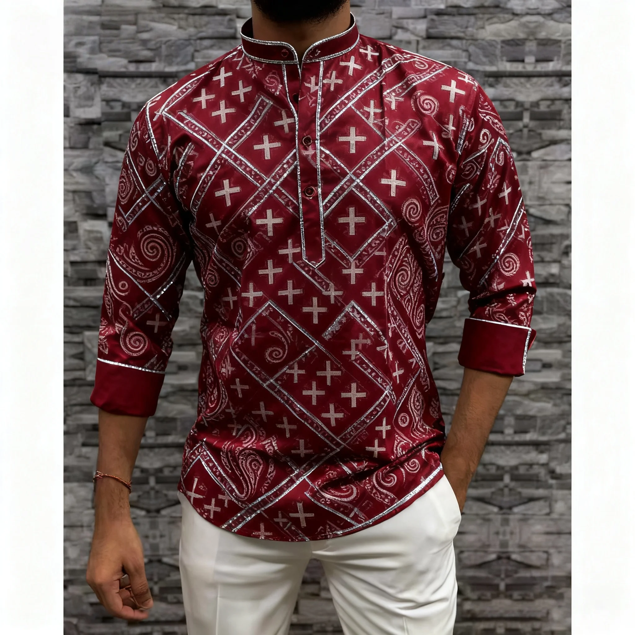 2026 ملابس رجالية مسلمة الوقوف طوق الذهبي طباعة قميص طويل الأكمام العصرية ملابس كاجوال Ropa Arabe De Hombre الإسلامية #6