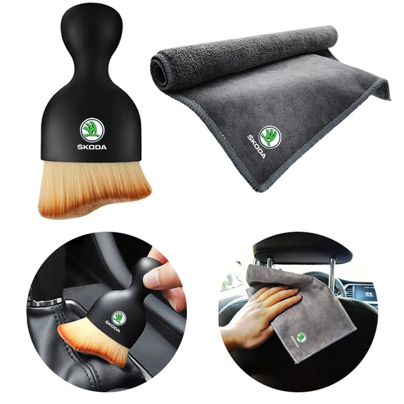 Car Interior Cleaning Soft Brush Tool Dust Remover & Double-sided Auto Cleaning Cloth For Skoda Octavia SUPERB RAPID KAROQ FABIA