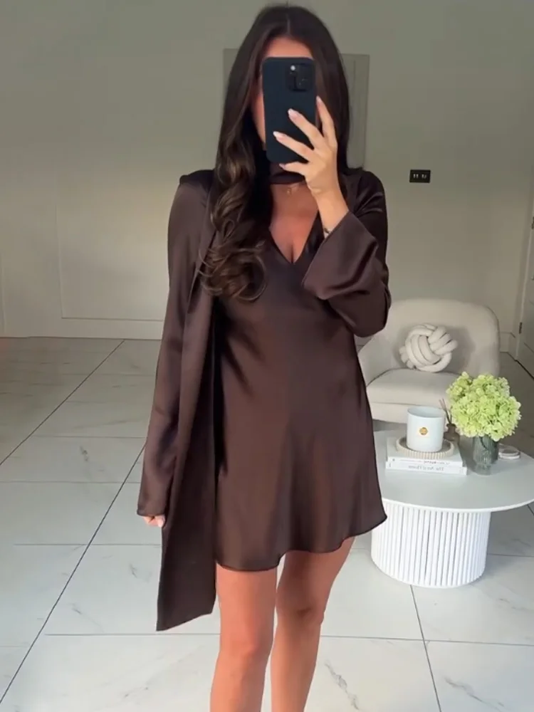 Sukienka mini z dekoltem w serek, zdobiona francuskim szalem, damska, z jedwabnej satyny, lekka, luksusowa, elegancka, z wysokim stanem, wyszczuplająca, idealna na imprezę.