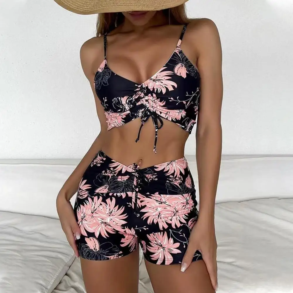 

Beach Swimsuit Women Printed Bikini Set Floral Print V-neck Bikini Set with High Waist Drawstring Swimming Trunks for Quick
