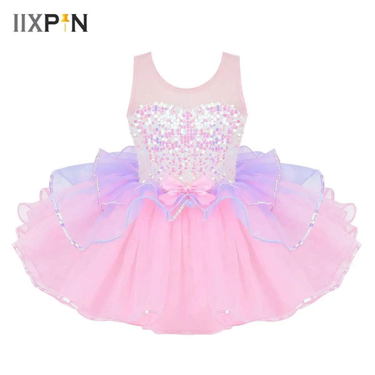 

Kids Girls Ballet Dance Princess Dress Sleeveless Sequin Mesh Splice Ballroom Ballerina Dancewear Gymnastics Leotard Tutu Dress