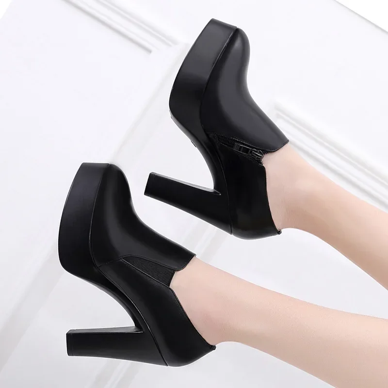 Deep Mouth Platform Pumps Block Heel Shoes 2023 Fall Split Leather Shoes Women High Heels Office Party Shoe 41 42 43