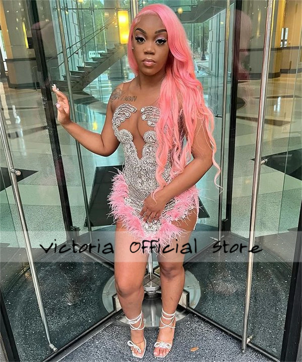 Pink Feathers Silver Rhinestone Prom Dress For Black Girls Sheer Mesh Mermaid Birthday Dress Luxury Sexy Mini Cocktail Customize