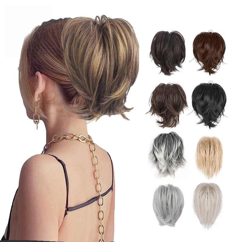Women 9.8 inch Wig Hair Bundles  Short Ponytail Messy Fluffy Bird's Nest High Temperature Synthetic Fiber Hair for Adding Volume