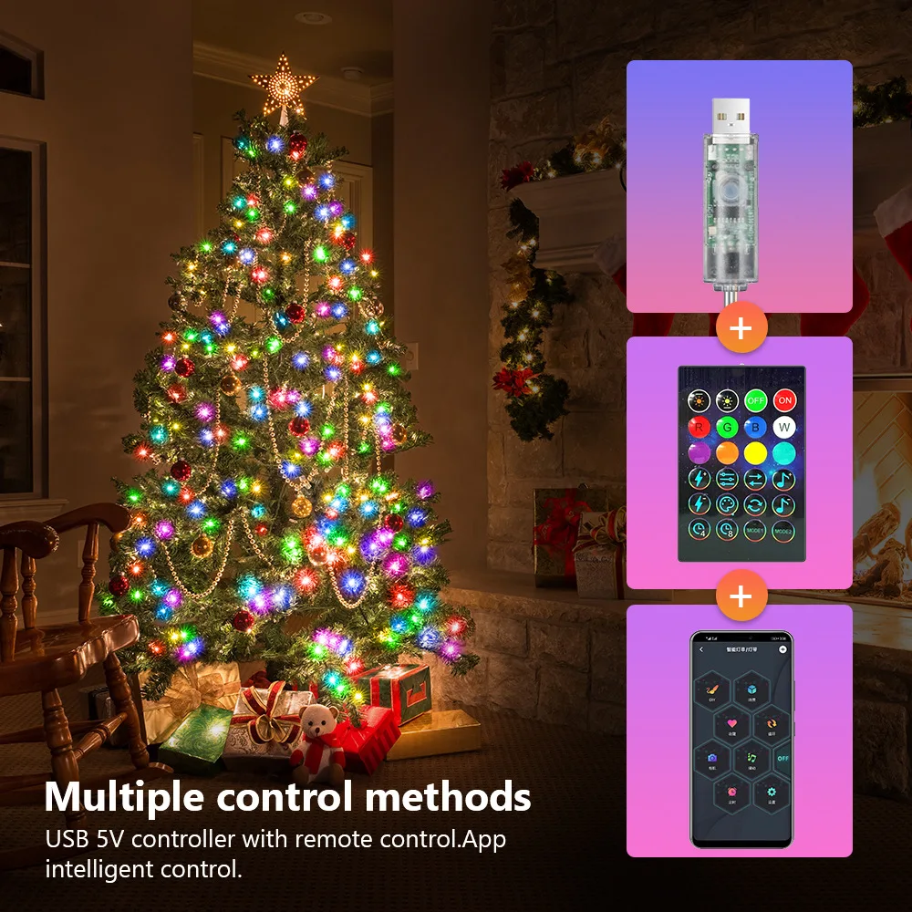 Guirxiété lumineuse LED RVB pour sapin de Noël, contrôle Bluetooth intelligent, USB, lampe à cordes, extérieur, application, télécommande,