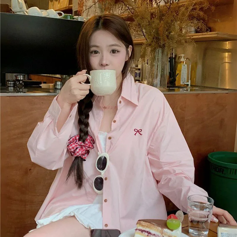 

Office Lady Fashion Simple Single Breasted Tops Spring Casual Bow Embroidery Loose Commute Long Sleeve Thin Shirts