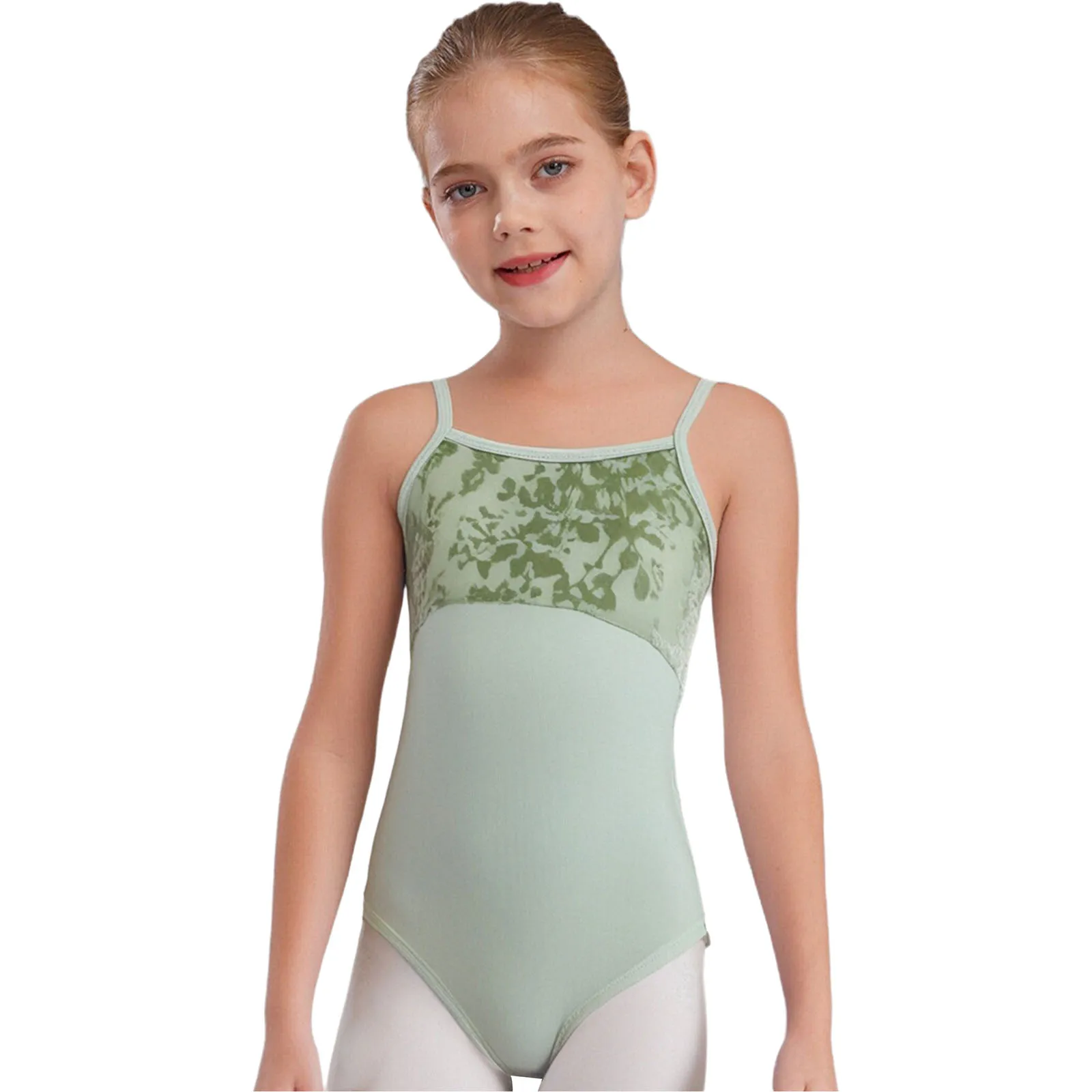 Body da ballo per balletto per bambina, patchwork floreale in velluto, con retro a U, cinghie incrociate per spaghetti, body da ballo per spettacoli di ginnastica