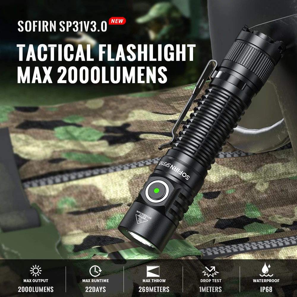 

Sofirn SP31 V3 18650 Tactical Flashlight 2000lm Rechargeable Torch Throw 269M USB C IP68 EDC Tail Switch