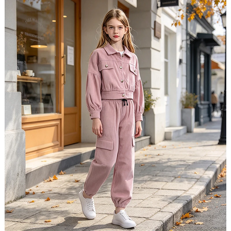 Fashion Girls Spring Autumn Cargo Suit 8-12 Years, Button Lapel Puff Sleeve Jacket & Multi Pocket Jogger Pants Casual Outfit