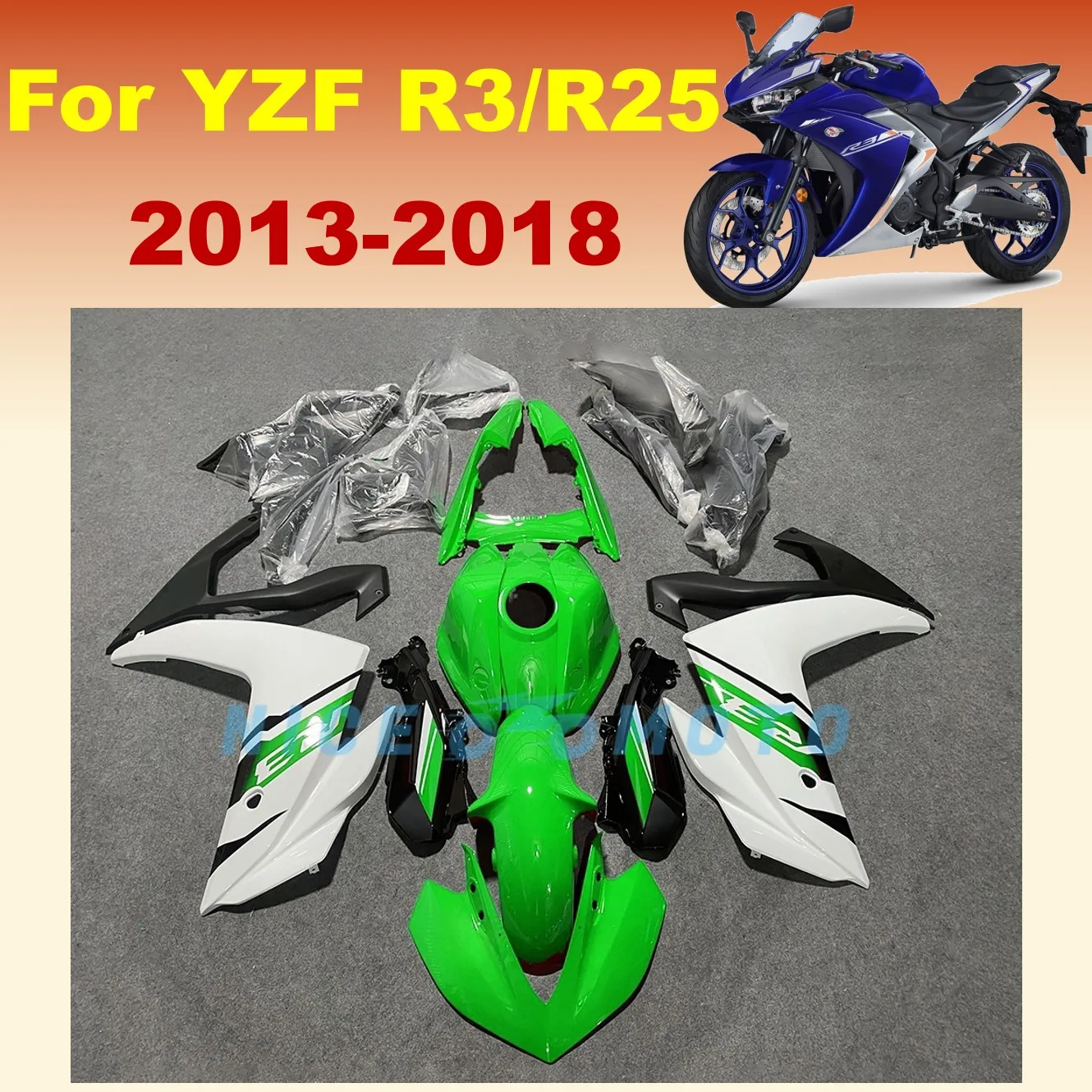 

Fit For YAMAHA YZF R3 R25 2013 2014 2015 2016 2017 2018 YZF-R25 13-18 White Green Motorcycle Injection Molded Fairing kit